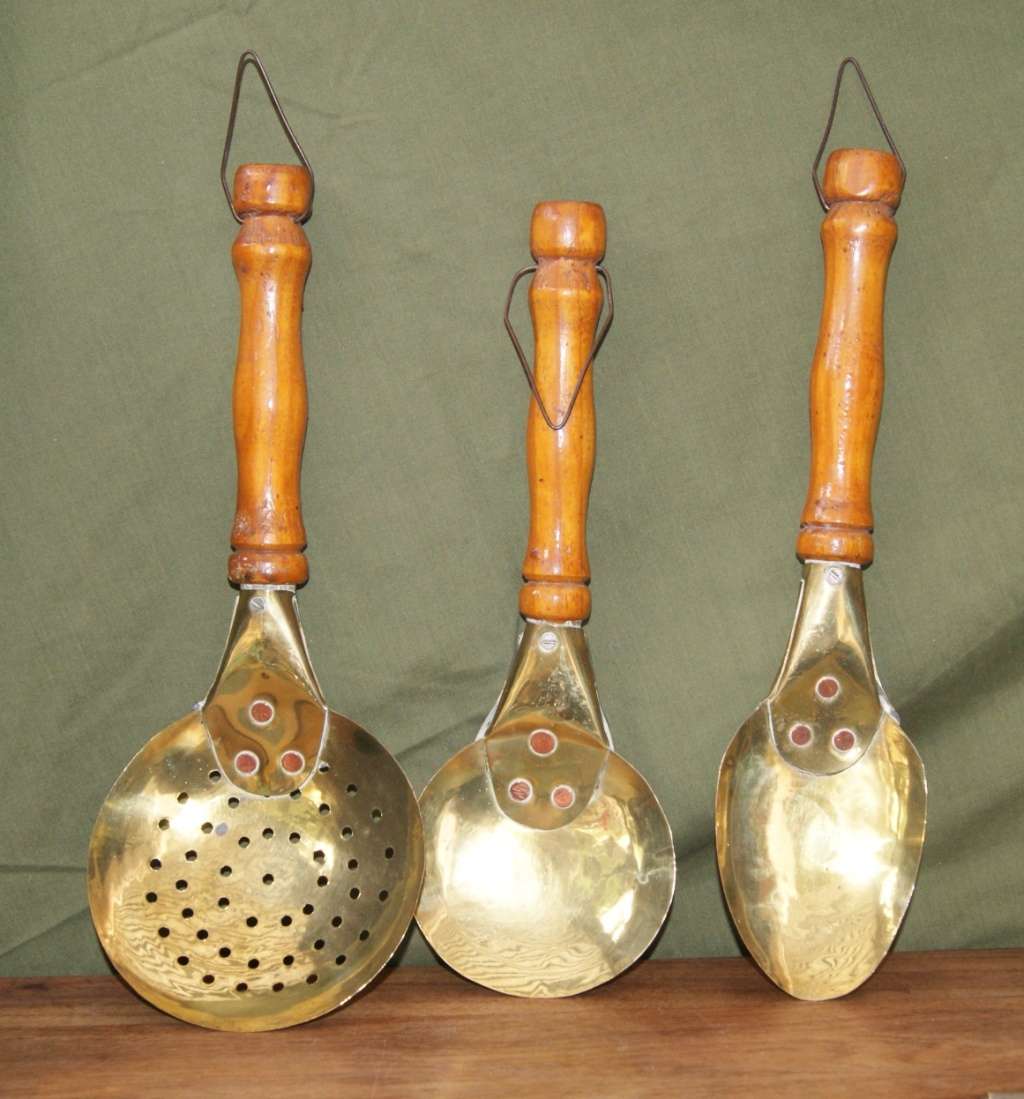 Set of 3 Brass and Wood Kitchen Utensils with Copper Rivets