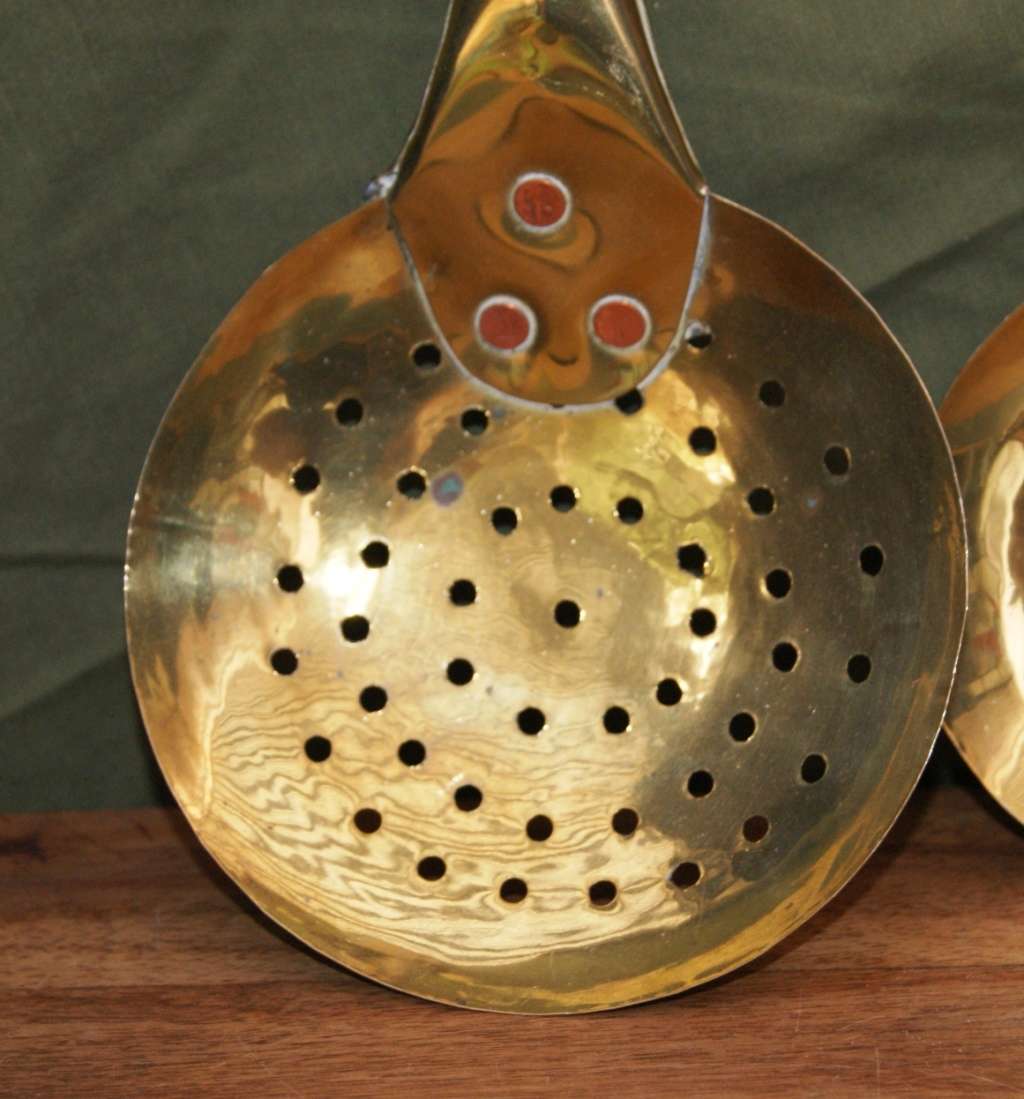 Set of 3 Brass and Wood Kitchen Utensils with Copper Rivets