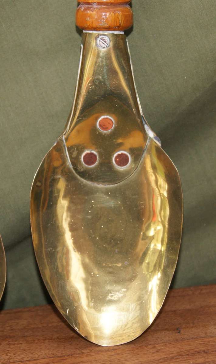 Set of 3 Brass and Wood Kitchen Utensils with Copper Rivets