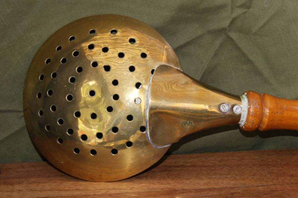 Set of 3 Brass and Wood Kitchen Utensils with Copper Rivets