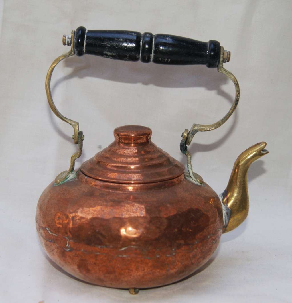 Antique Hand Beaten Copper Kettle with Wooden Handle
