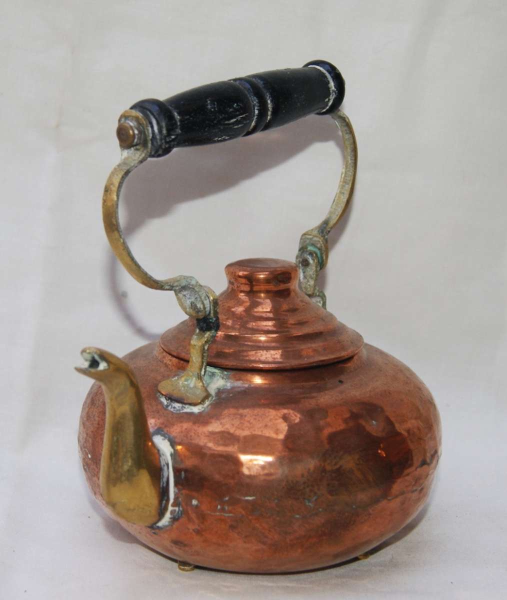 Antique Hand Beaten Copper Kettle with Wooden Handle