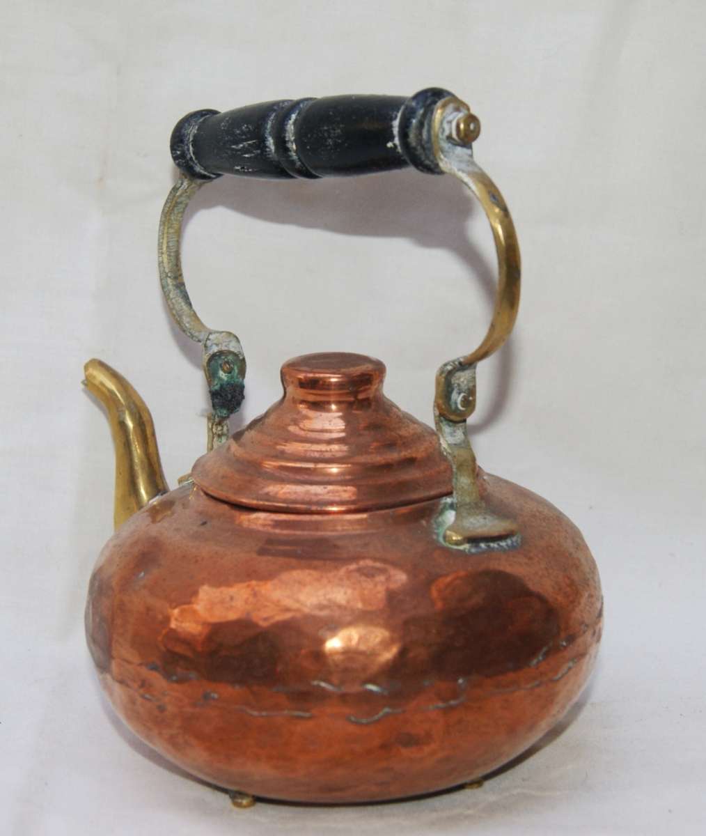 Antique Hand Beaten Copper Kettle with Wooden Handle