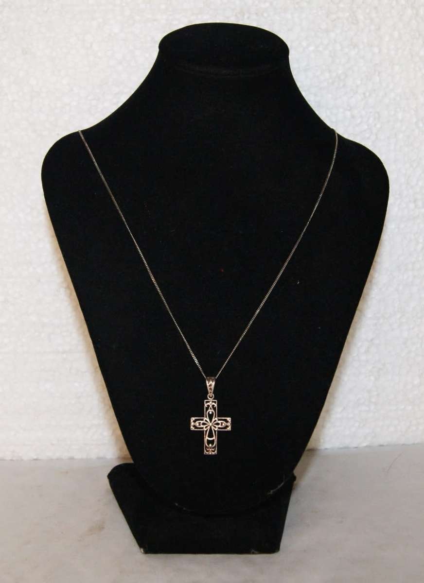 925 Silver Ornate Cross Pendant on 925 Silver Necklace