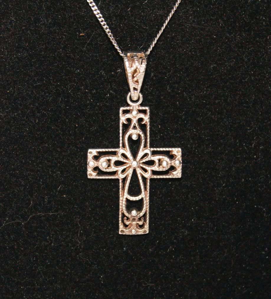 925 Silver Ornate Cross Pendant on 925 Silver Necklace