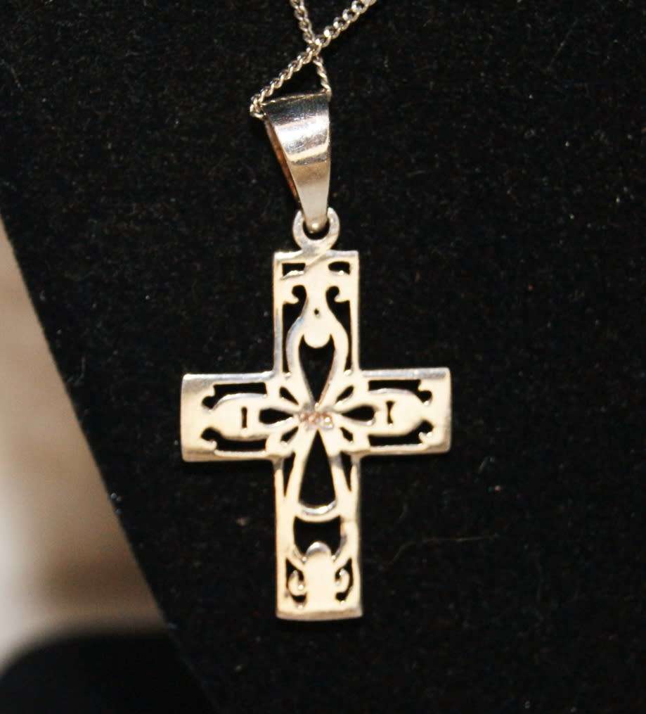 925 Silver Ornate Cross Pendant on 925 Silver Necklace
