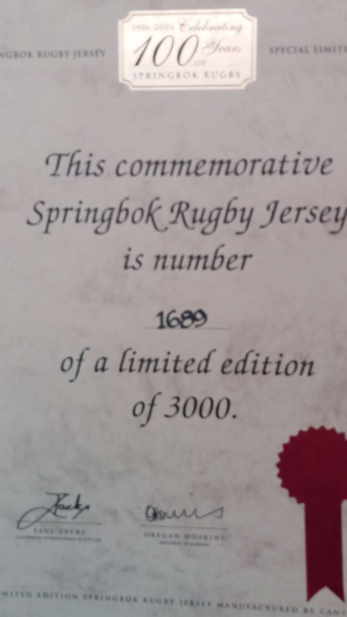 Limited Edition Springbok Centenary Rugby Jersey:1906 - 2006 *CERTIFIED LIMITED EDITION (1689/3000)*