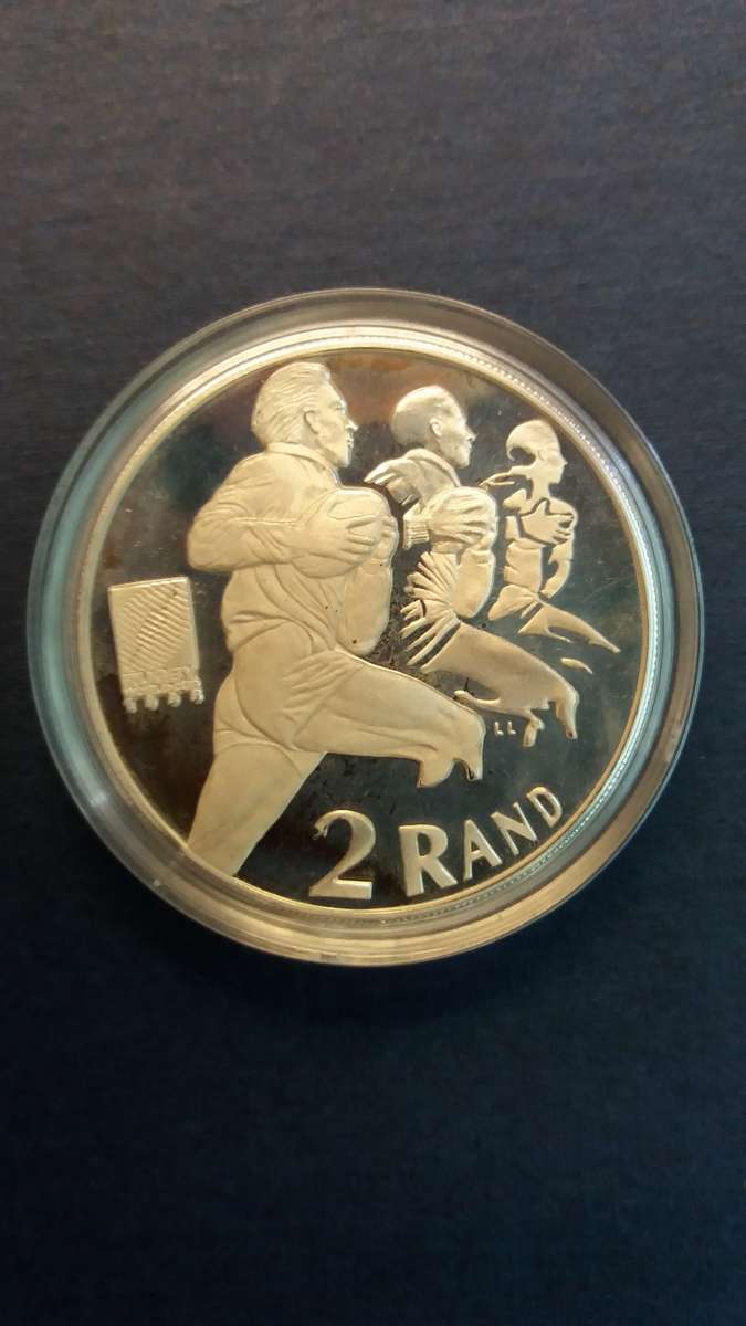 South Africa 1995 Rugby world cup commemorative R2  * No 0936* 1 OZ Silver mintage 3981