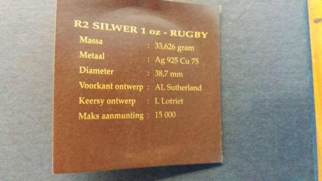 South Africa 1995 Rugby world cup commemorative R2  * No 0936* 1 OZ Silver mintage 3981