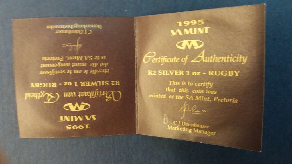 South Africa 1995 Rugby world cup commemorative R2  * No 0936* 1 OZ Silver mintage 3981