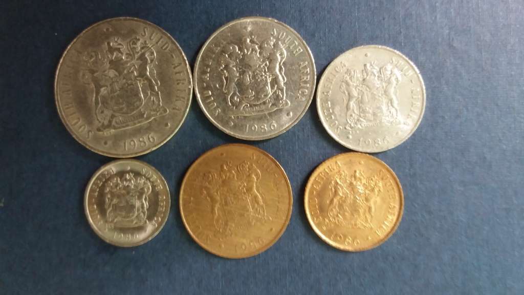 South Africa 1986 coin set includes 50c, 20c, 10c, 5c, 2c & 1c * All circulated coins*
