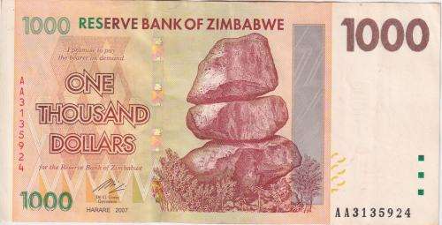ZIMBABWE 1000 DOLLARS 2007 P71 XF