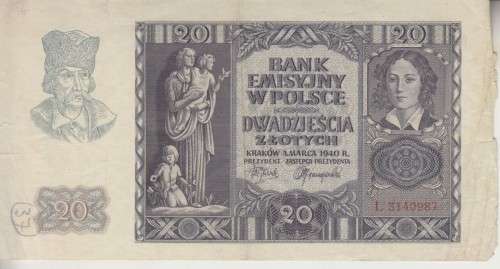 WORLD WAR 2 - POLAND 20 ZLOTYCH 1940 P95 F