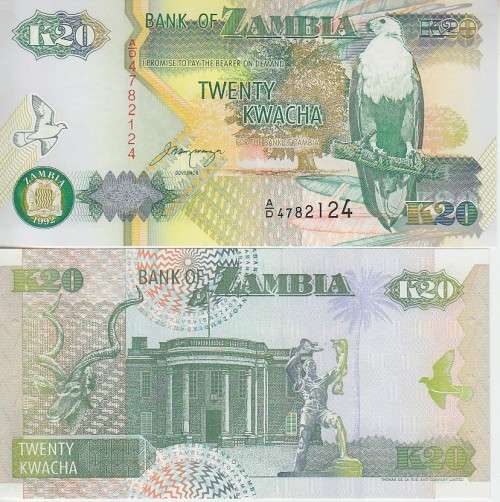 ZAMBIA 20 KWACHA 1992 P 36 UNC