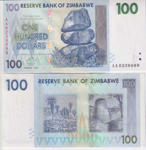 ZIMBABWE 100 DOLLARS 2007 P69 UNC