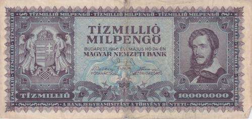 POST WW2 INFLATION - HUNGARY 10 TRILLION PENGO 1946 P129  VF
