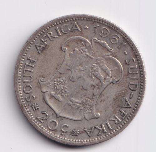 SOUTH AFRICA - 20 Cents  1961 Silver (.500)  KM#61