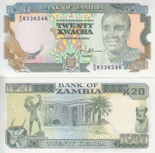 ZAMBIA 20 KWACHA 1989-91 P 32 UNC