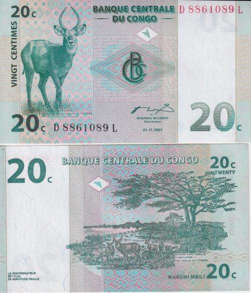 Congo Democratic Republic 20 Centimes Banknote, 1997, P-83, UNC