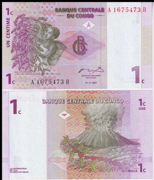 Congo Democratic Republic 1 Centime Banknote, 1997, P-80, UNC