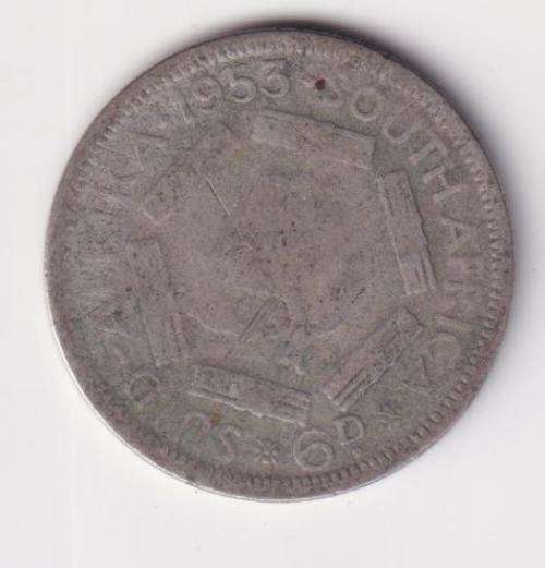 UNION OF SOUTH AFRICA - 6 Pence - QUEEN ELIZABETH II  1953  SILVER KM#48