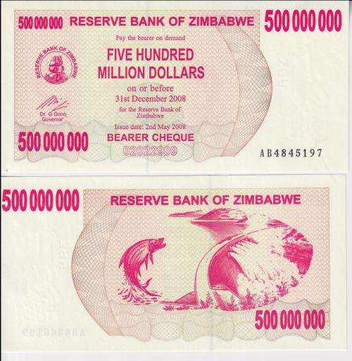 Zimbabwe 500 Million 2008 P 60 UNC