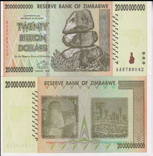 Zimbabwe 20 Billion Dollars 2008 P 86 AA Prefix AUnc