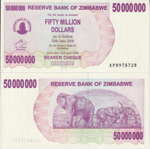 ZIMBABWE 50 MILLION DOLLARS BEARER CHEQUE 2008 P 57 UNC