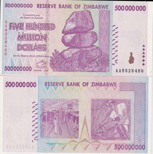 Zimbabwe 500 Million Dollars 2008 P 82 AUnc