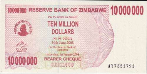 Zimbabwe 10 Million Dollars 2008 P 55 UNC