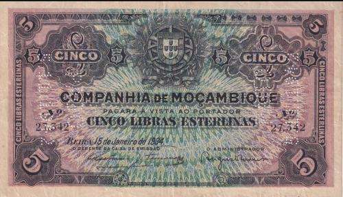 MOZAMBIQUE 5 LIBRAS  15 JAN 1934 R29 PERFINED PAGO 1942  XF