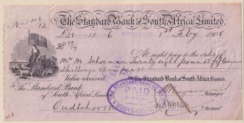 CAPE OF GOOD HOPE-EDWARD VII 1d EMBOSSED USED ON CHEQUE - 1 FEBRUARY 1908 - SEE SCANS