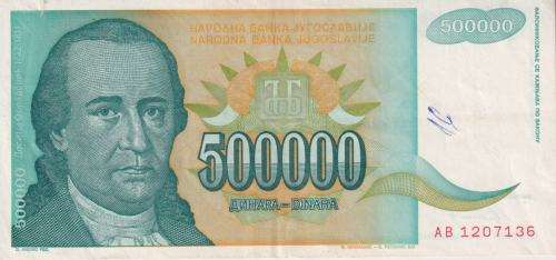YUGOSLAVIA 500,000 DINARA 1993 P131  F