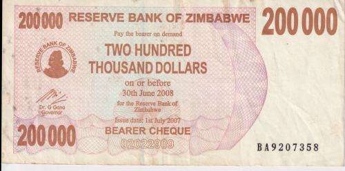 ZIMBABWE 200,000 DOLLARS P49 2007 VF