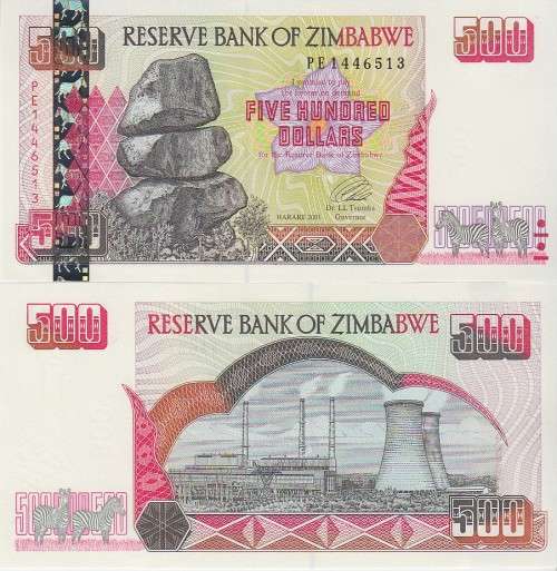 ZIMBABWE 500 DOLLARS P10 2001 UNC