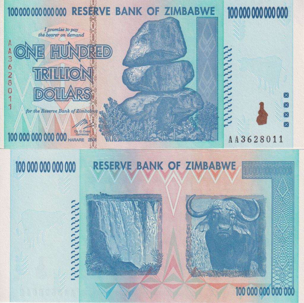 2 x ZIMBABWE 100 TRILLION DOLLARS 2008 P91 AA `CRISP` UNCIRCULATED