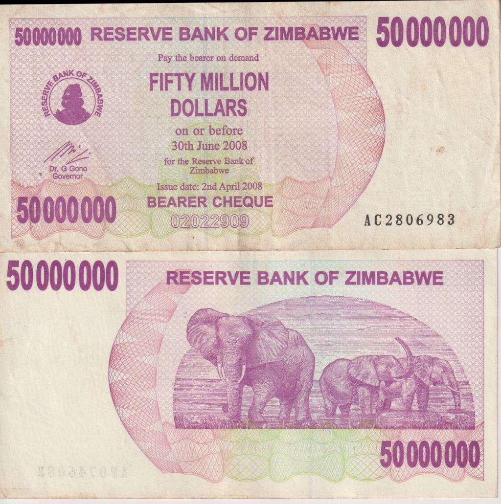 Zimbabwe 50 Million Dollars Bearer Cheque,2008 P-57 VF