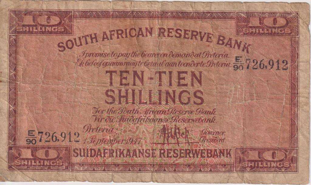 SOUTH AFRICA - M.H.De Kock 10 SHILLINGS 1st ISSUE 1947 P82es  F