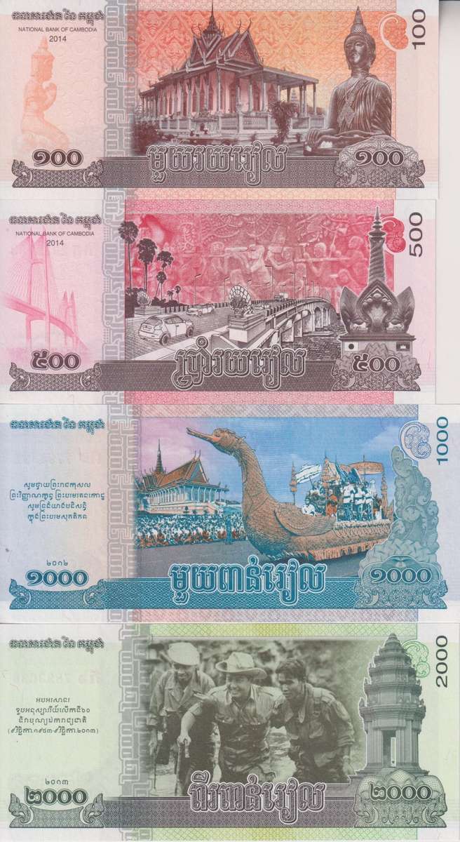 Cambodia 4 PCS Set: 100 to 2000 Riels (2014) - p65, p66, p63 & p64 UNC