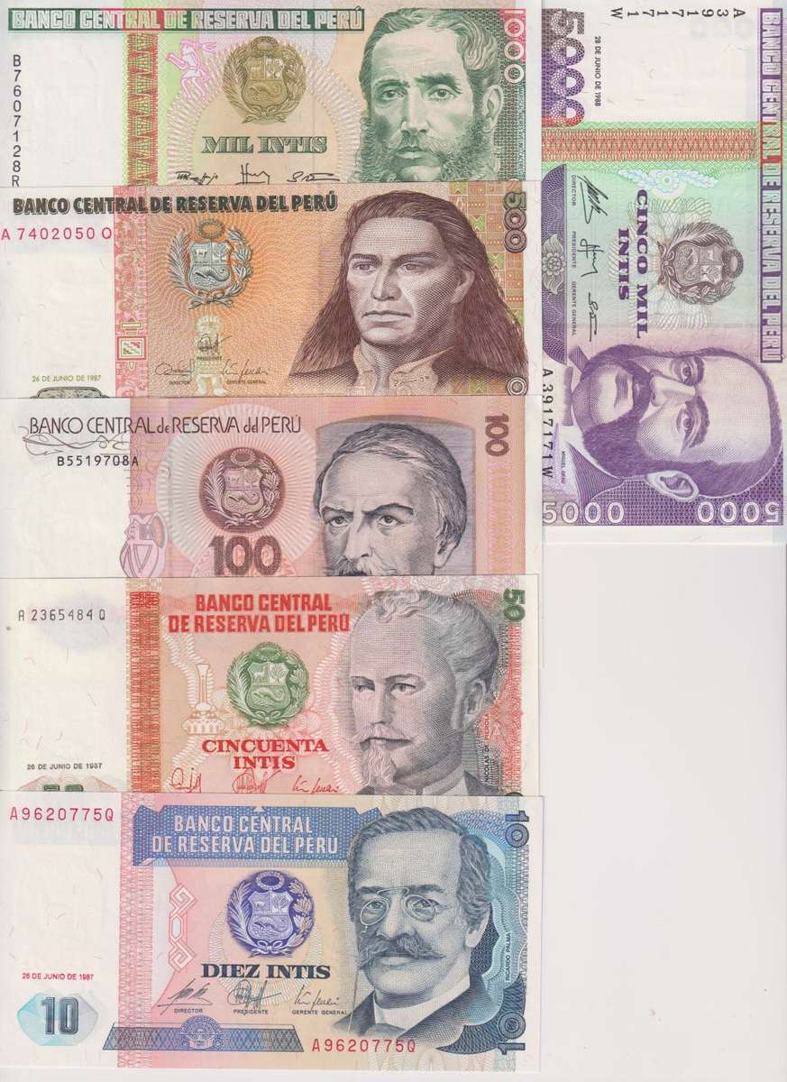 6 x Peru Banknotes 10, 50, 100, 500, 1000, 5000  Intis - UNC