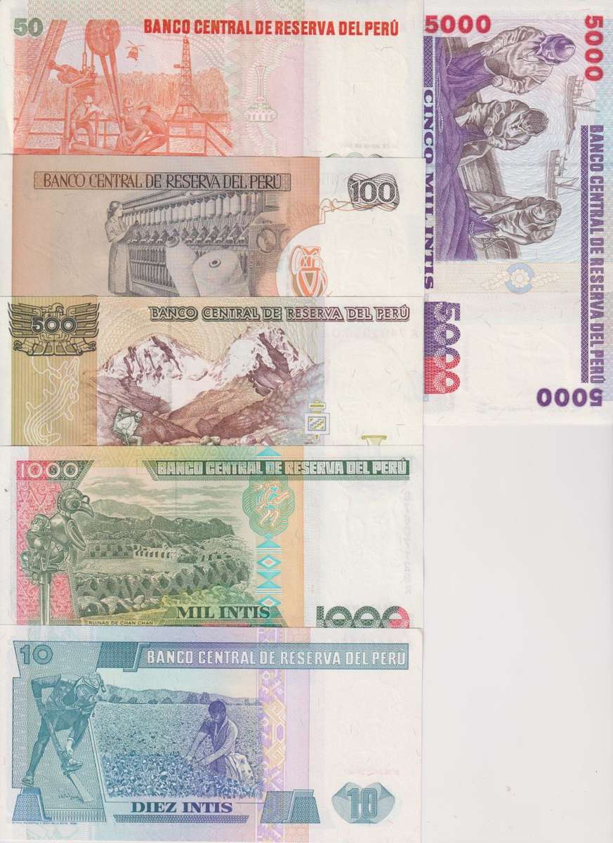 6 x Peru Banknotes 10, 50, 100, 500, 1000, 5000  Intis - UNC