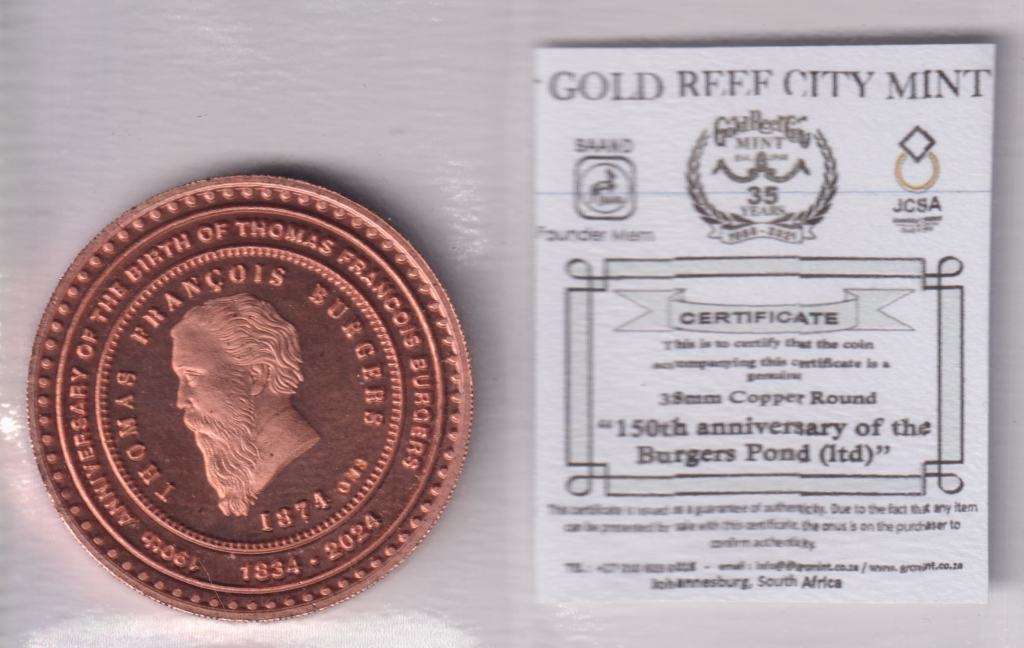 South Africa  38mm COPPER MEDALLION - 150 TH ANNIVERSARY OF THE BURGERS POND 2024 (With Certificate)
