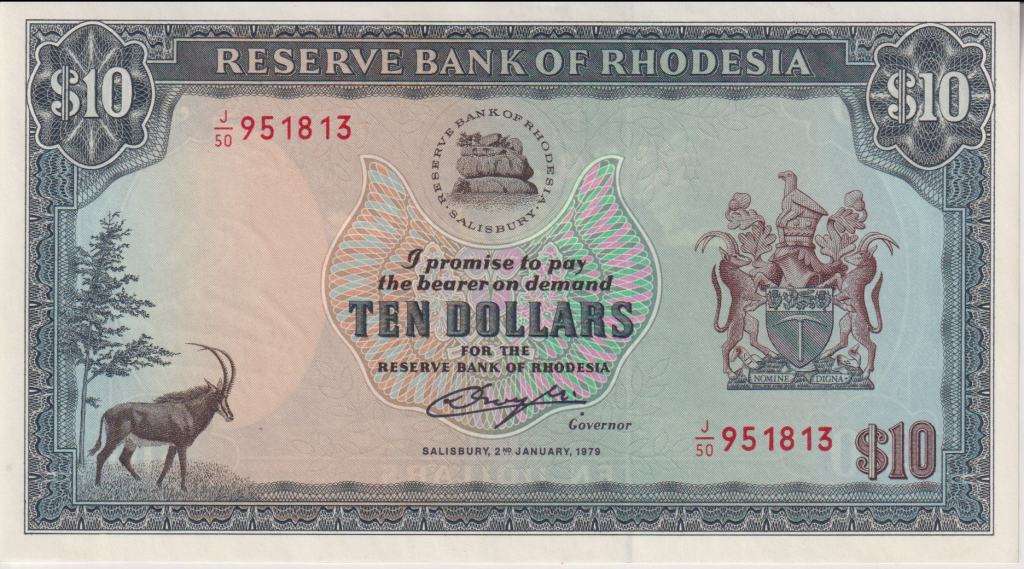 RHODESIA 10 DOLLARS 1979 ZIMBABWE BIRD WATERMARK P41a UNC