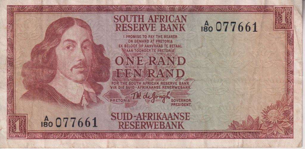 REPUBLIC OF SOUTH AFRICA - 1 RAND T.W.de Jongh A/180 1967 #E/A 348 VF