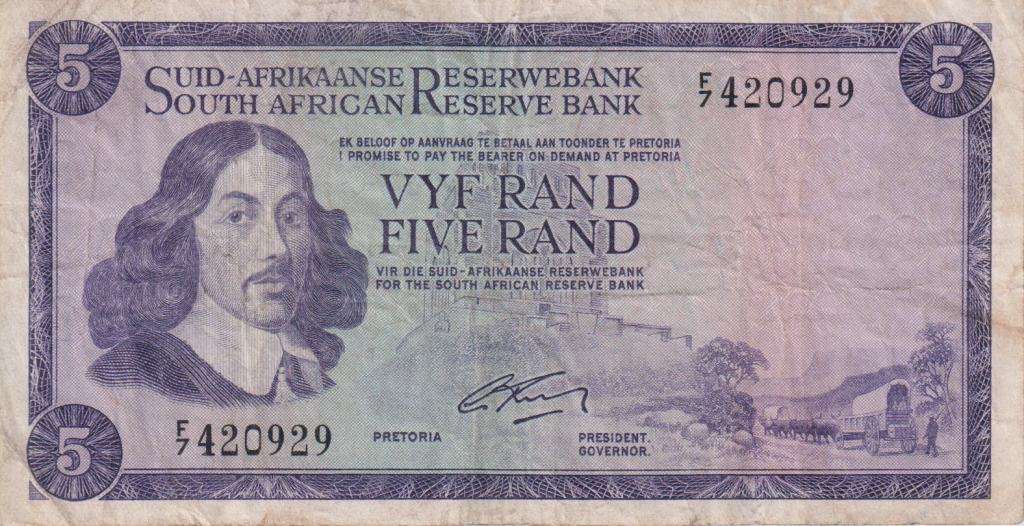 REPUBLIC OF SOUTH AFRICA - 5 RAND G.Rissik F/7  1966  A/E 424 VF