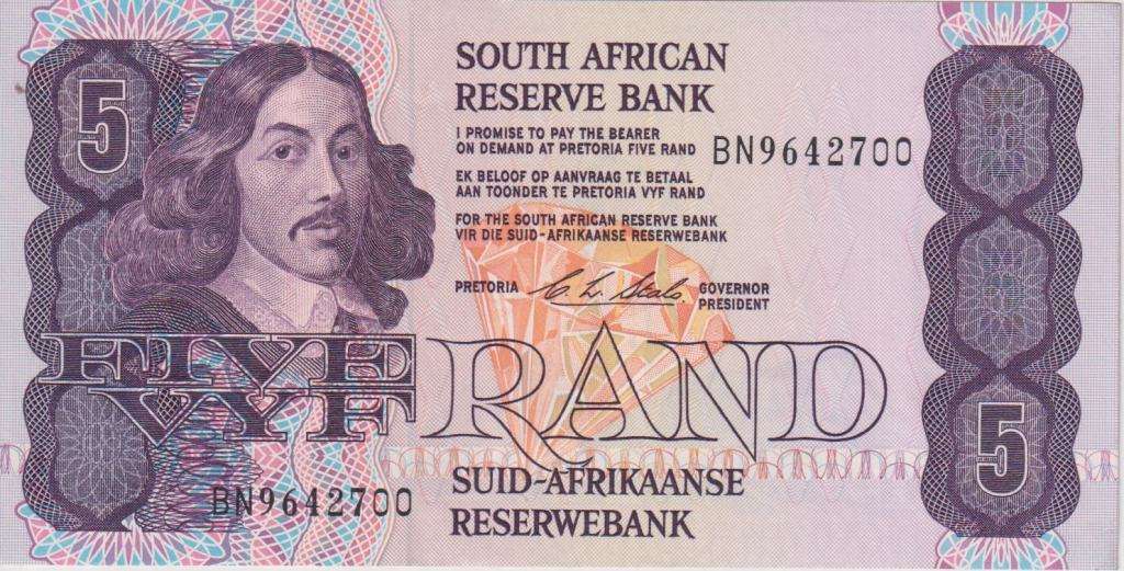 REPUBLIC OF SOUTH AFRICA - 5 RAND C.L.Stals BN  1990 #E/A 468 A-UNC (mark on back)