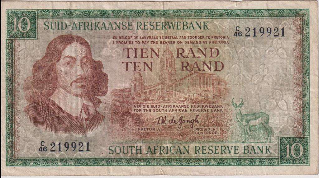REPUBLIC OF SOUTH AFRICA - 10 RAND T.W.de Jongh C/48  1967  E/A 513 VF