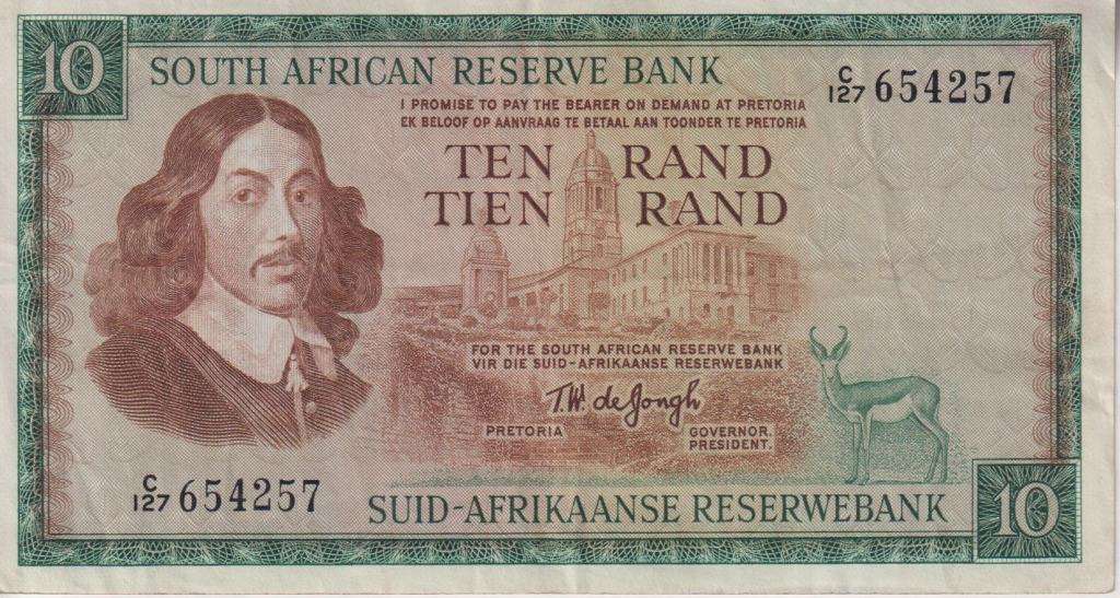 REPUBLIC OF SOUTH AFRICA - 10 RAND T.W.de Jongh C/127 1967 E/A 514 VF