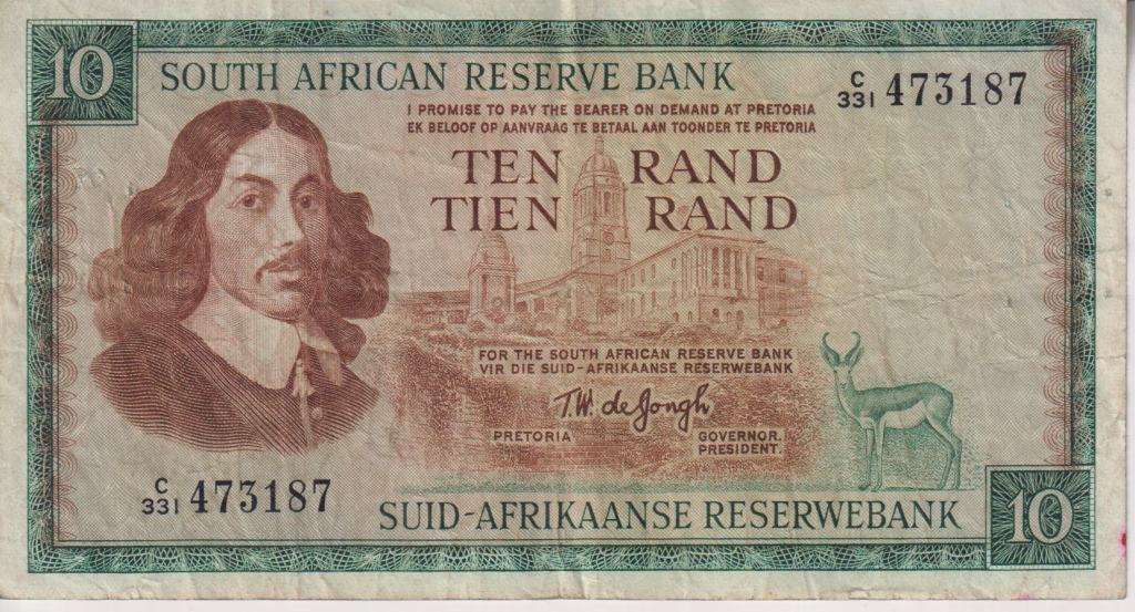 REPUBLIC OF SOUTH AFRICA - 10 RAND T.W.de Jongh C/331  1975  E/A 521 VF