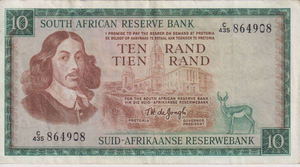 REPUBLIC OF SOUTH AFRICA - 10 RAND T.W.de Jongh C/435  1975 E/A 521 VF